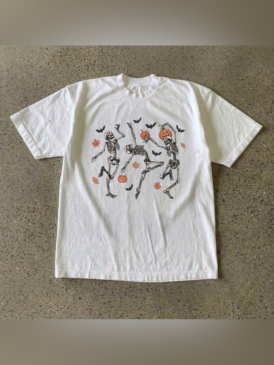 Gildan Tops - Dancing Skeletons Halloween Graphic Tee - White with Orange & Black